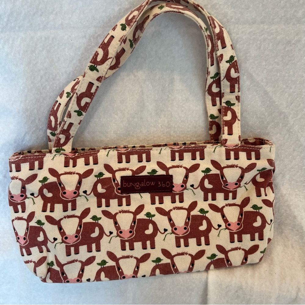 Bungalow 360 Brown and Cream Cow Print Women's Bag canvas cows mini tote satchel